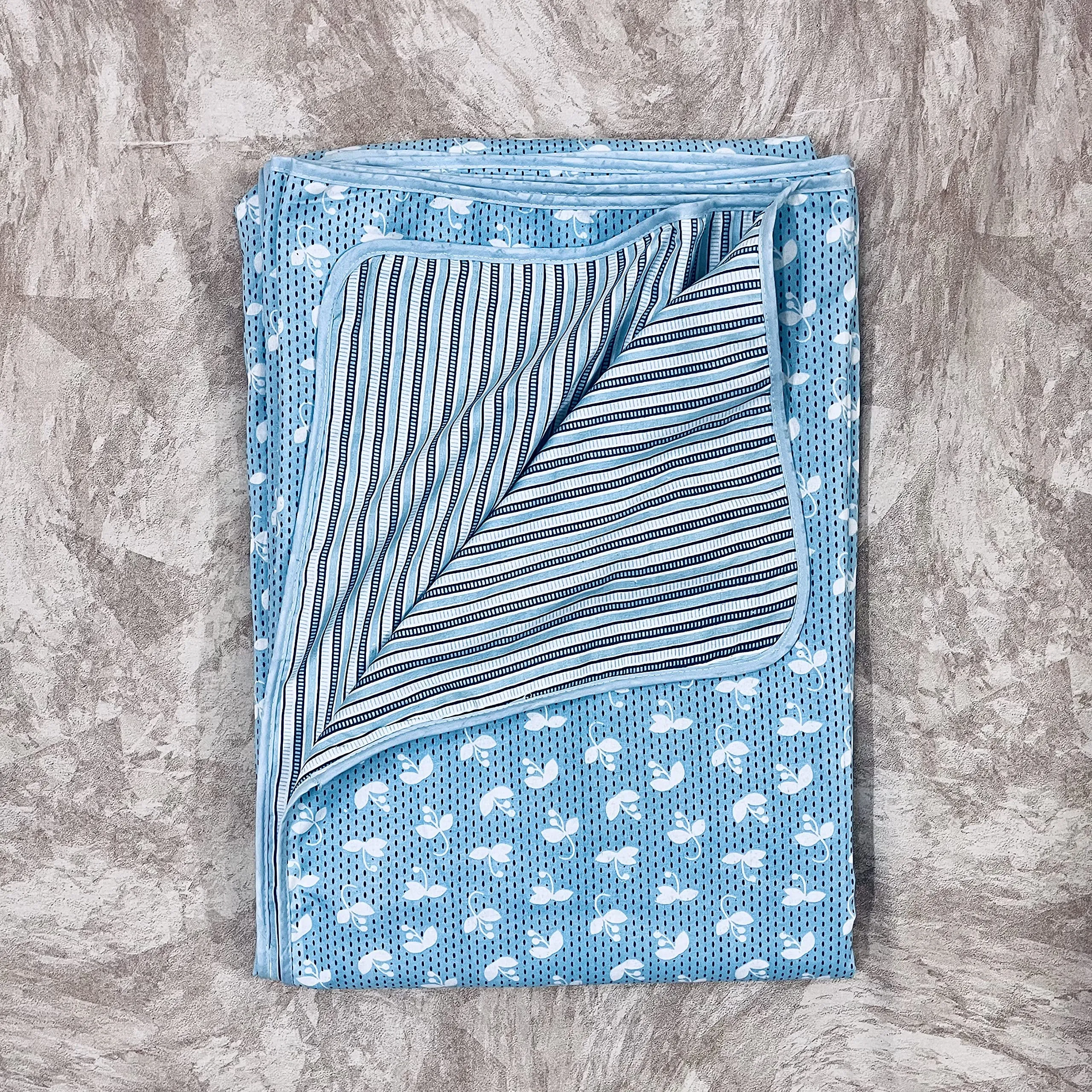 Harsh Foundation India (HFI Single Bed 100% Organic Cambric Cotton Reversible Dohar/Topsheet for Summer/AC Room, Gentle & Lightweight (SkyBlue, Striped Abstract Print) Handcrafted Premium Dohar