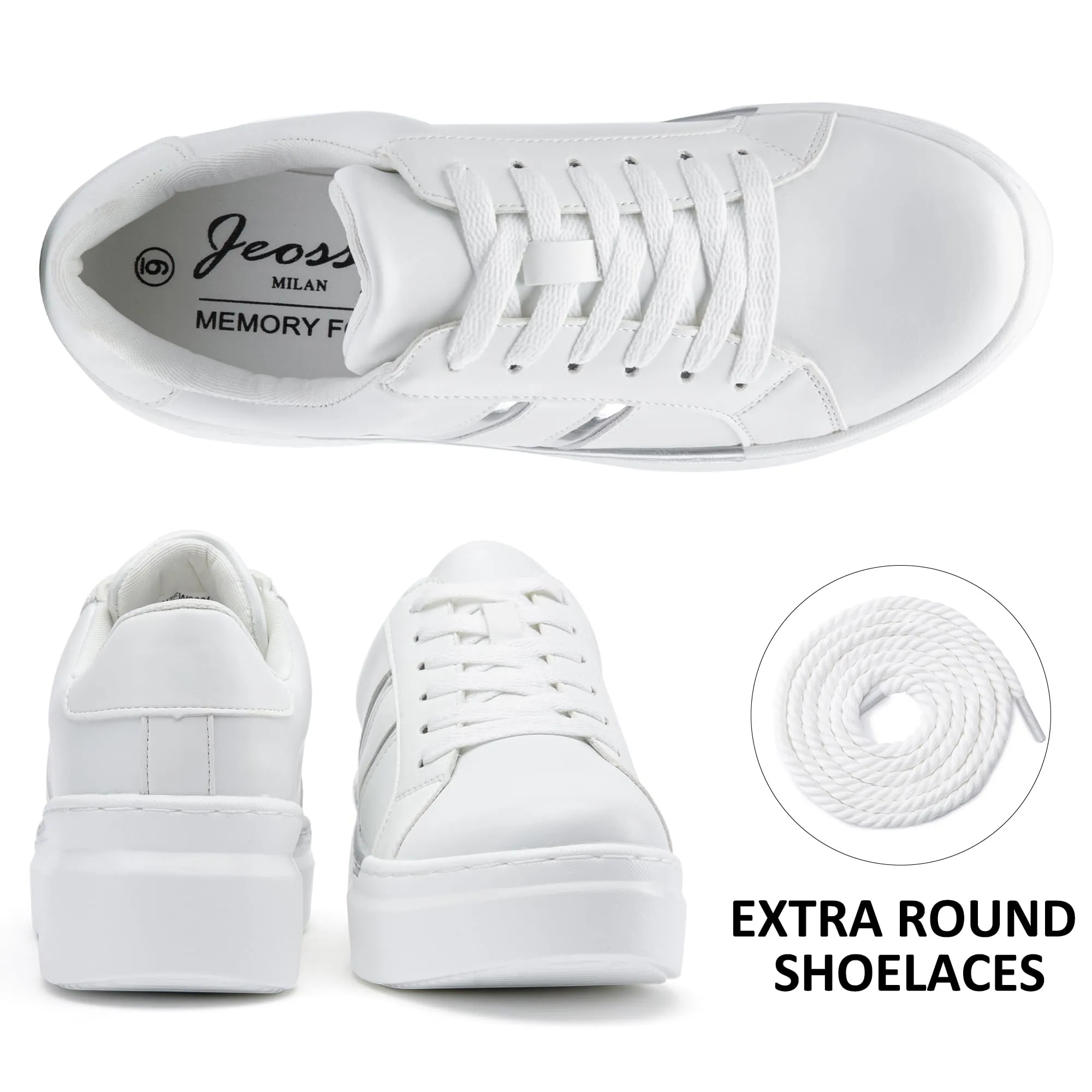 Jeossy Women's Chunky White Sneakers with Arch Support