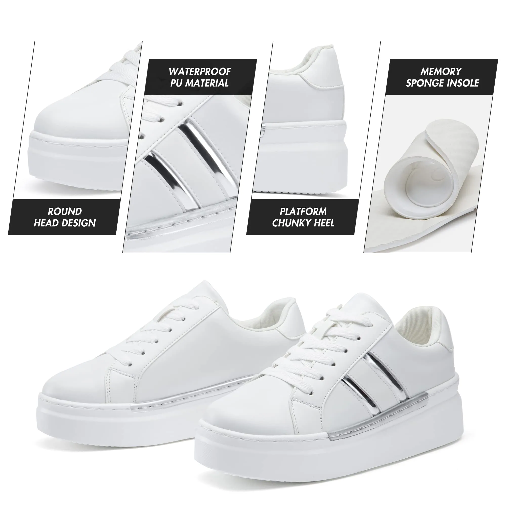 Jeossy Women's Chunky White Sneakers with Arch Support