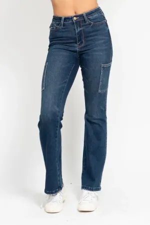 Judy Blue High Waist Cargo Bootcut Jeans In Dark Wash