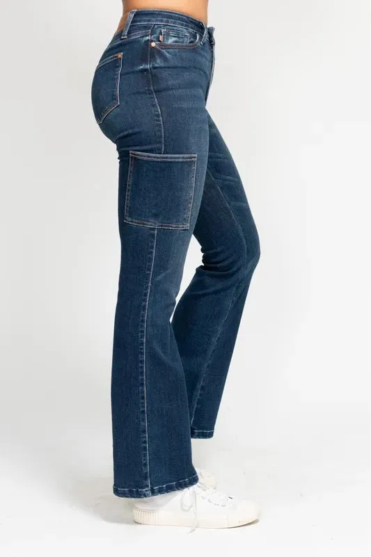 Judy Blue High Waist Cargo Bootcut Jeans In Dark Wash