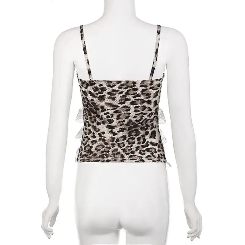 Leopard Print Lace Ruffle Tank Top – Y2K Coquette Cropped Camisole From Kawaii Stop