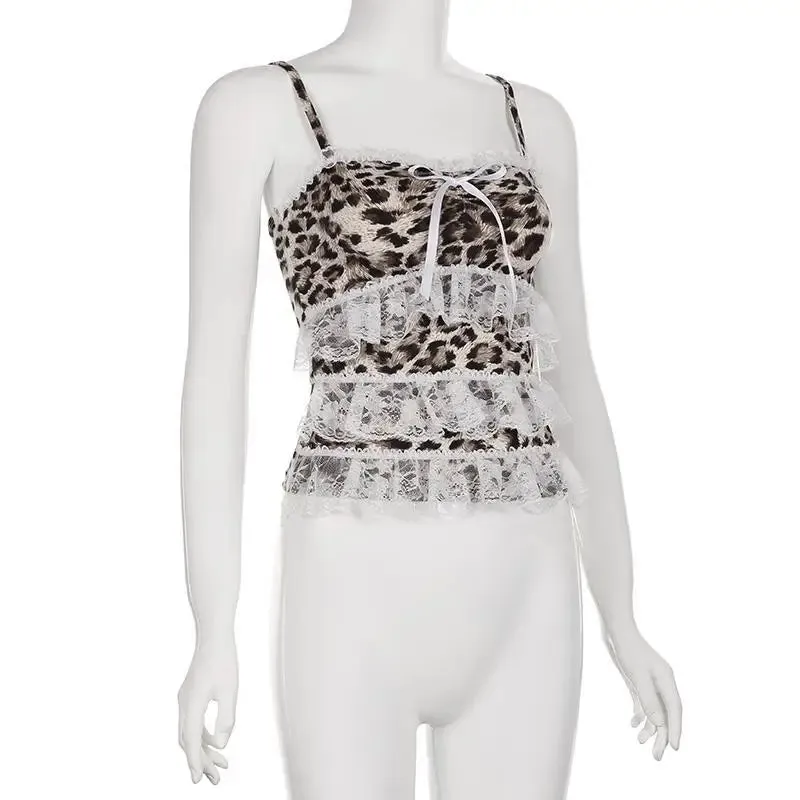 Leopard Print Lace Ruffle Tank Top – Y2K Coquette Cropped Camisole From Kawaii Stop