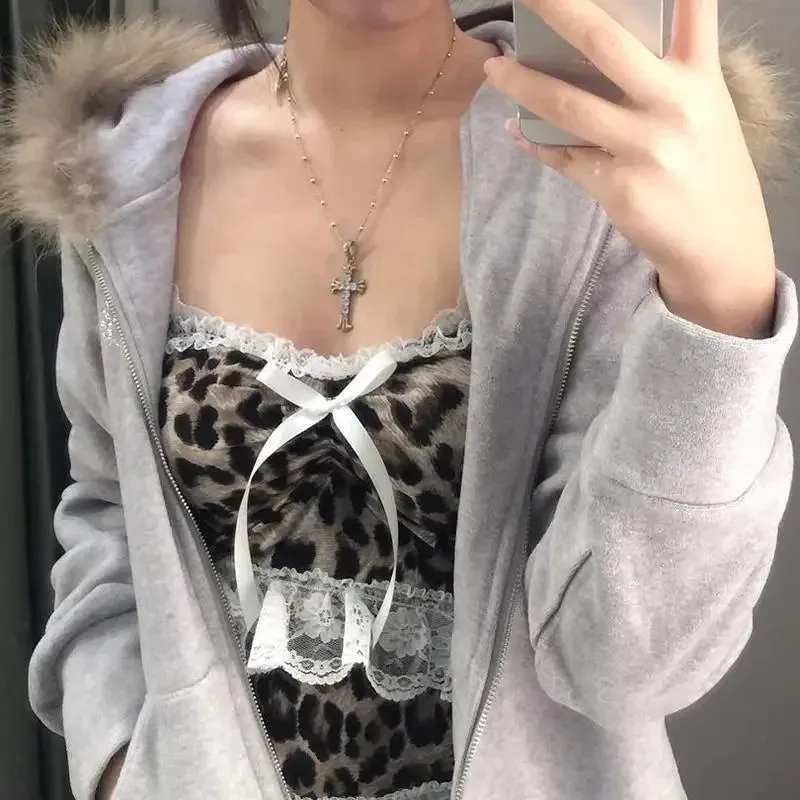 Leopard Print Lace Ruffle Tank Top – Y2K Coquette Cropped Camisole From Kawaii Stop