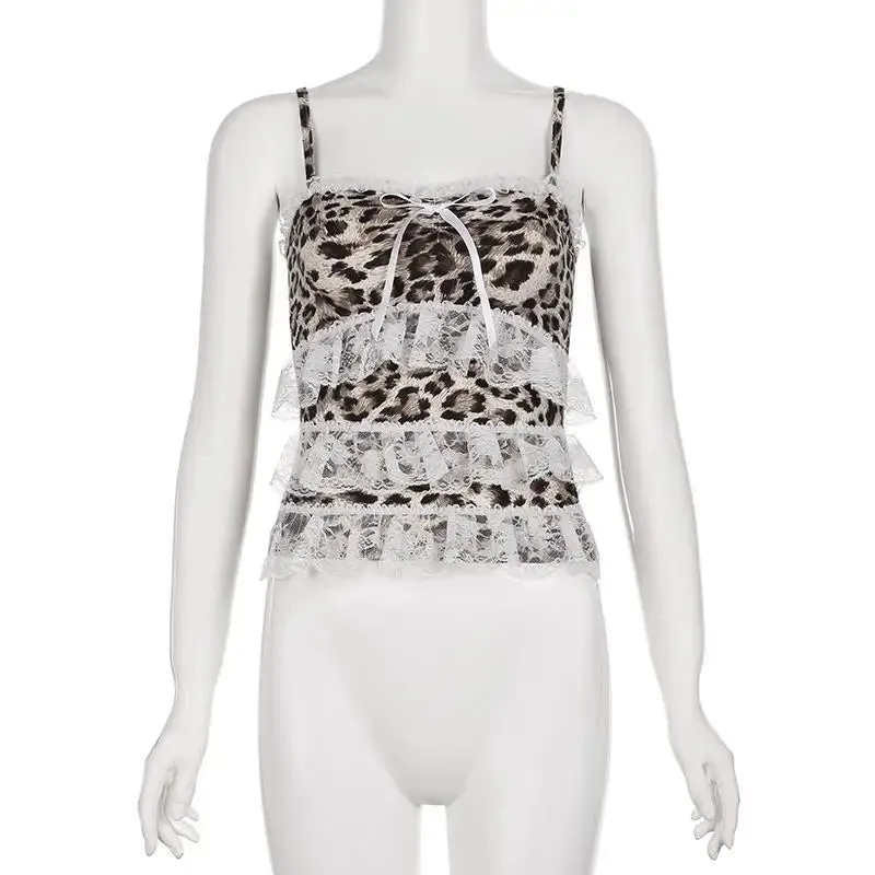 Leopard Print Lace Ruffle Tank Top – Y2K Coquette Cropped Camisole From Kawaii Stop