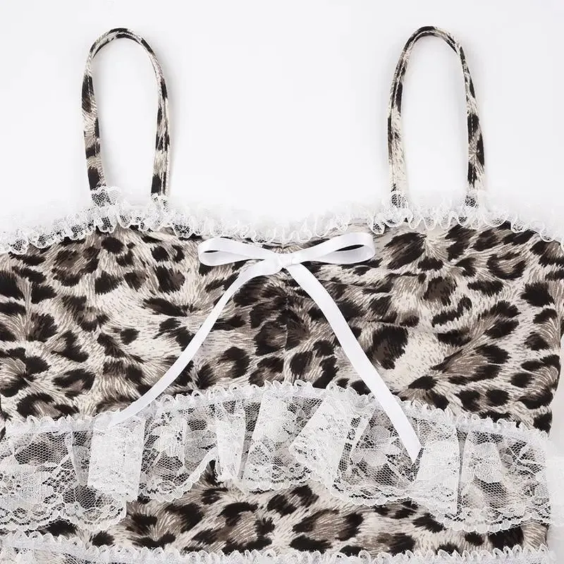 Leopard Print Lace Ruffle Tank Top – Y2K Coquette Cropped Camisole From Kawaii Stop