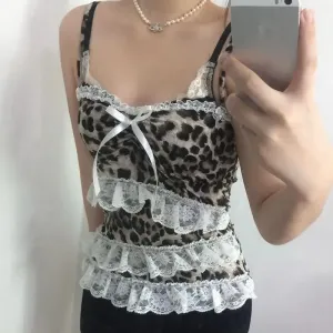 Leopard Print Lace Ruffle Tank Top – Y2K Coquette Cropped Camisole From Kawaii Stop