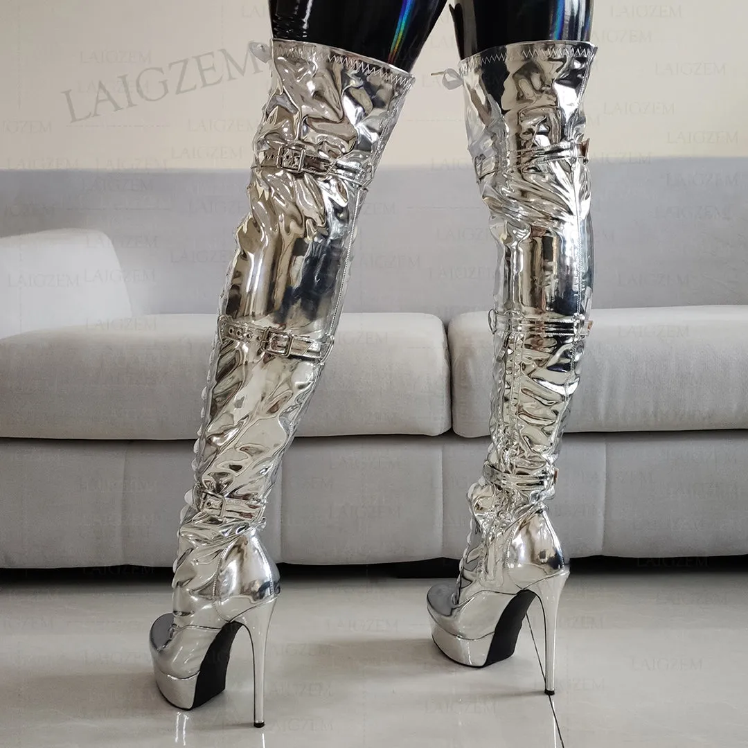 Metallic Platform Boots Over Knee High Heels