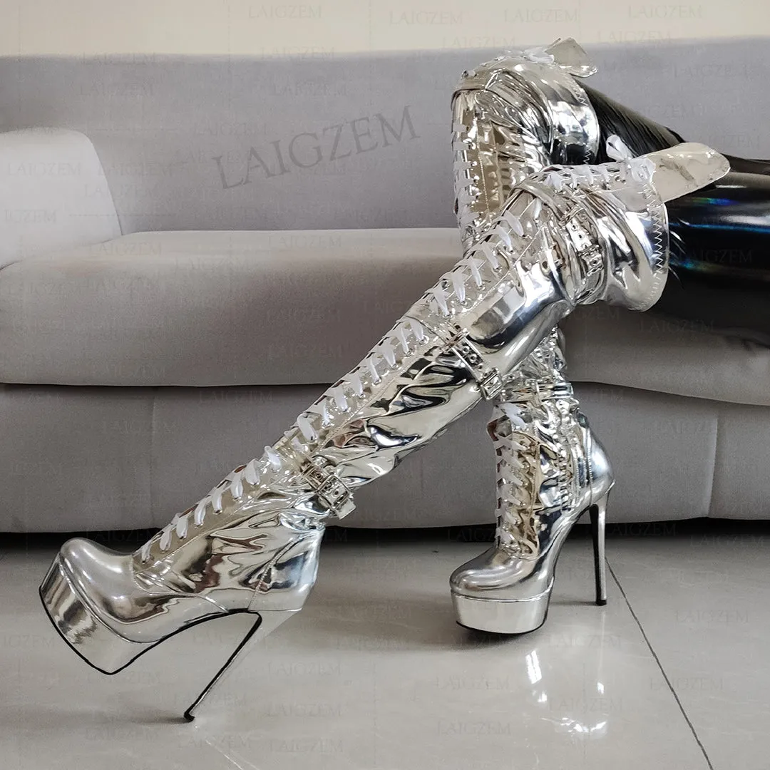 Metallic Platform Boots Over Knee High Heels