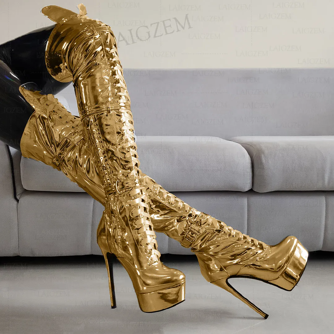 Metallic Platform Boots Over Knee High Heels