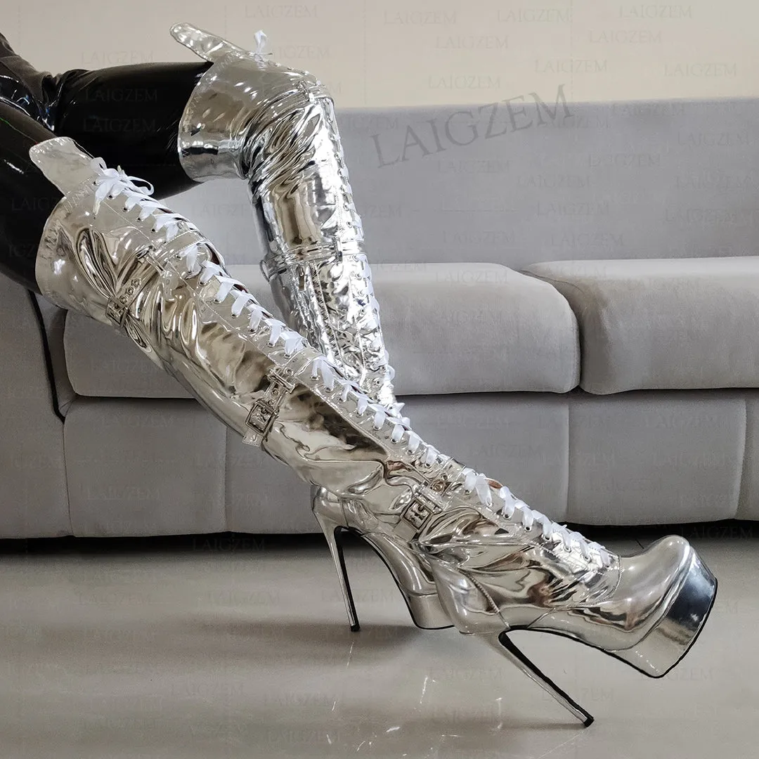 Metallic Platform Boots Over Knee High Heels