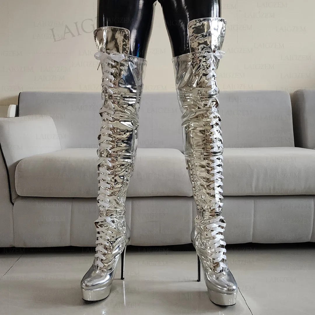 Metallic Platform Boots Over Knee High Heels