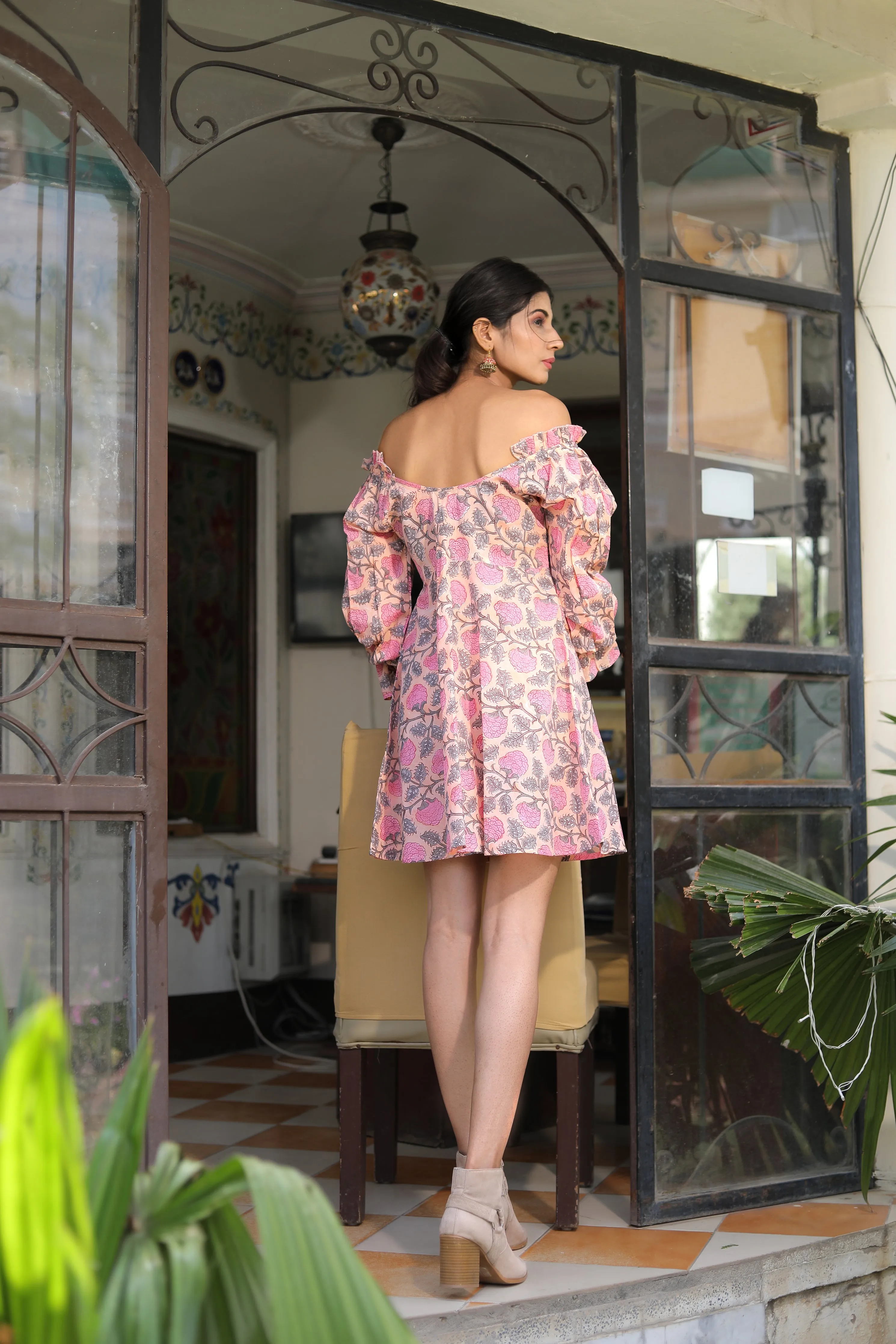 off shoulder cotton mini dress with long sleeves