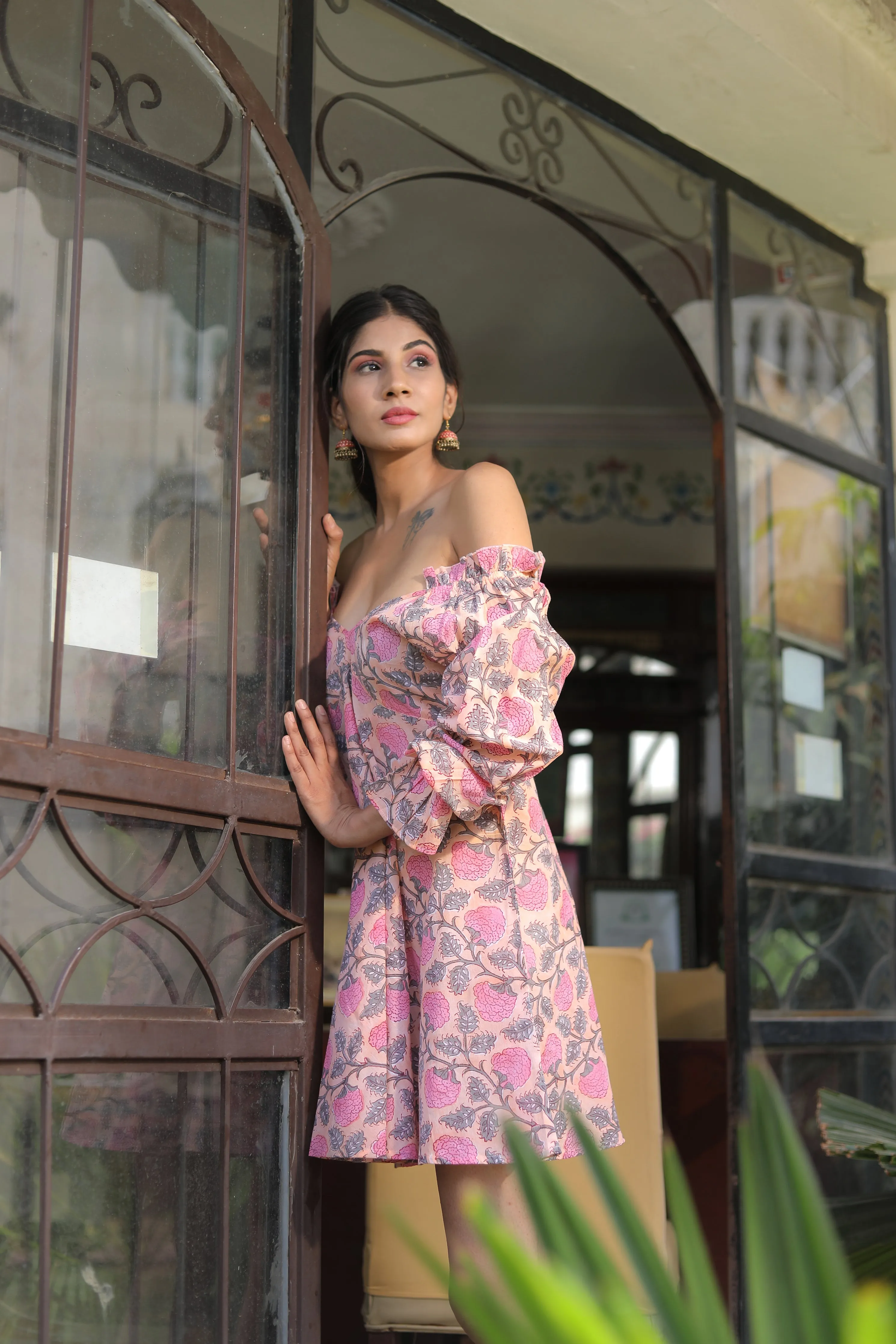 off shoulder cotton mini dress with long sleeves