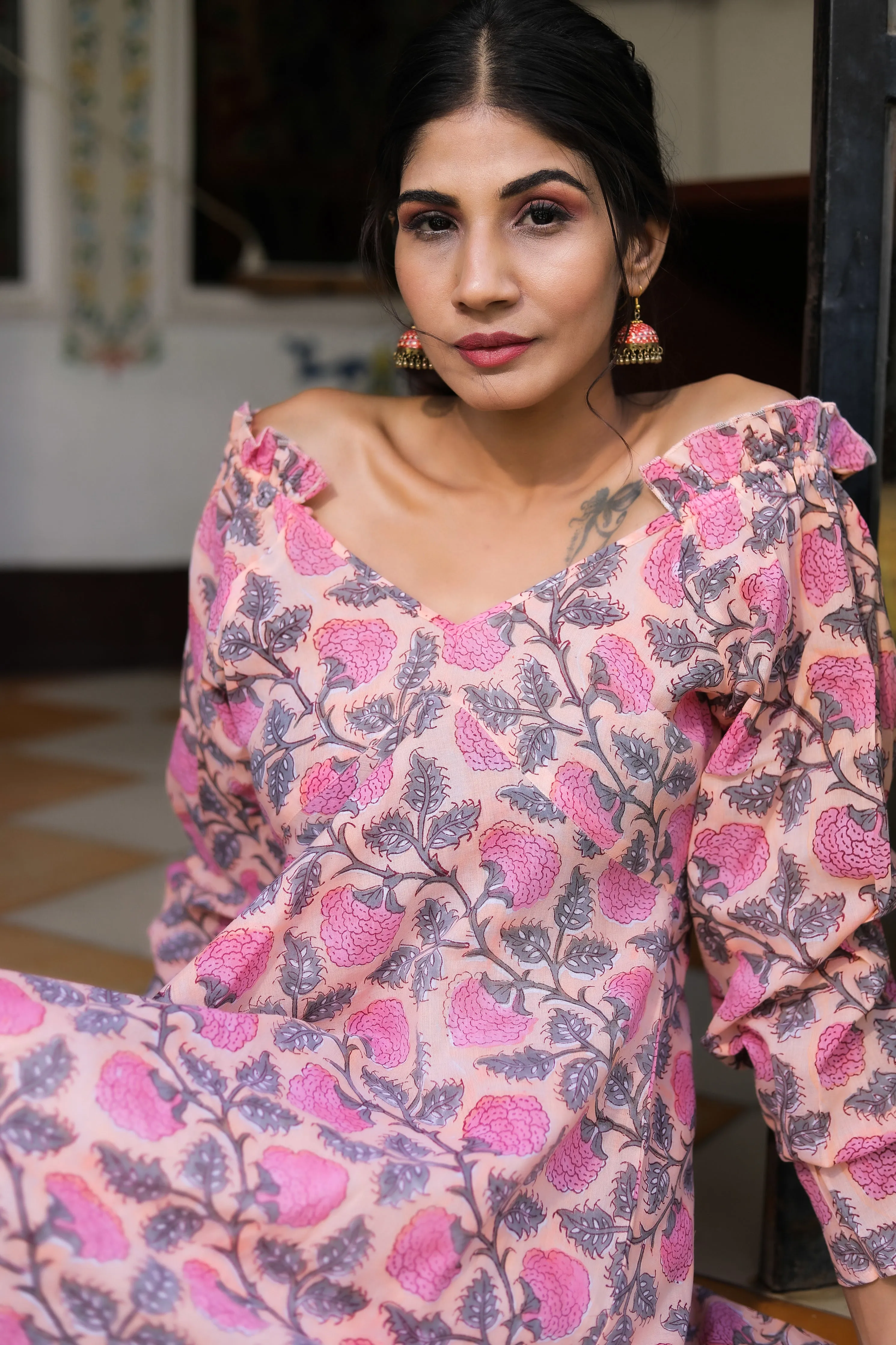 off shoulder cotton mini dress with long sleeves