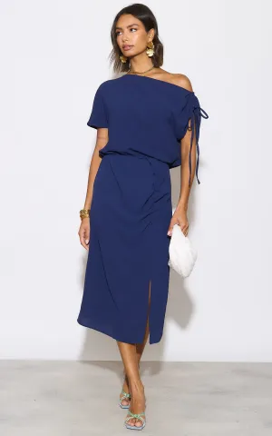 Off Shoulder Drape Midi Dress in Navy