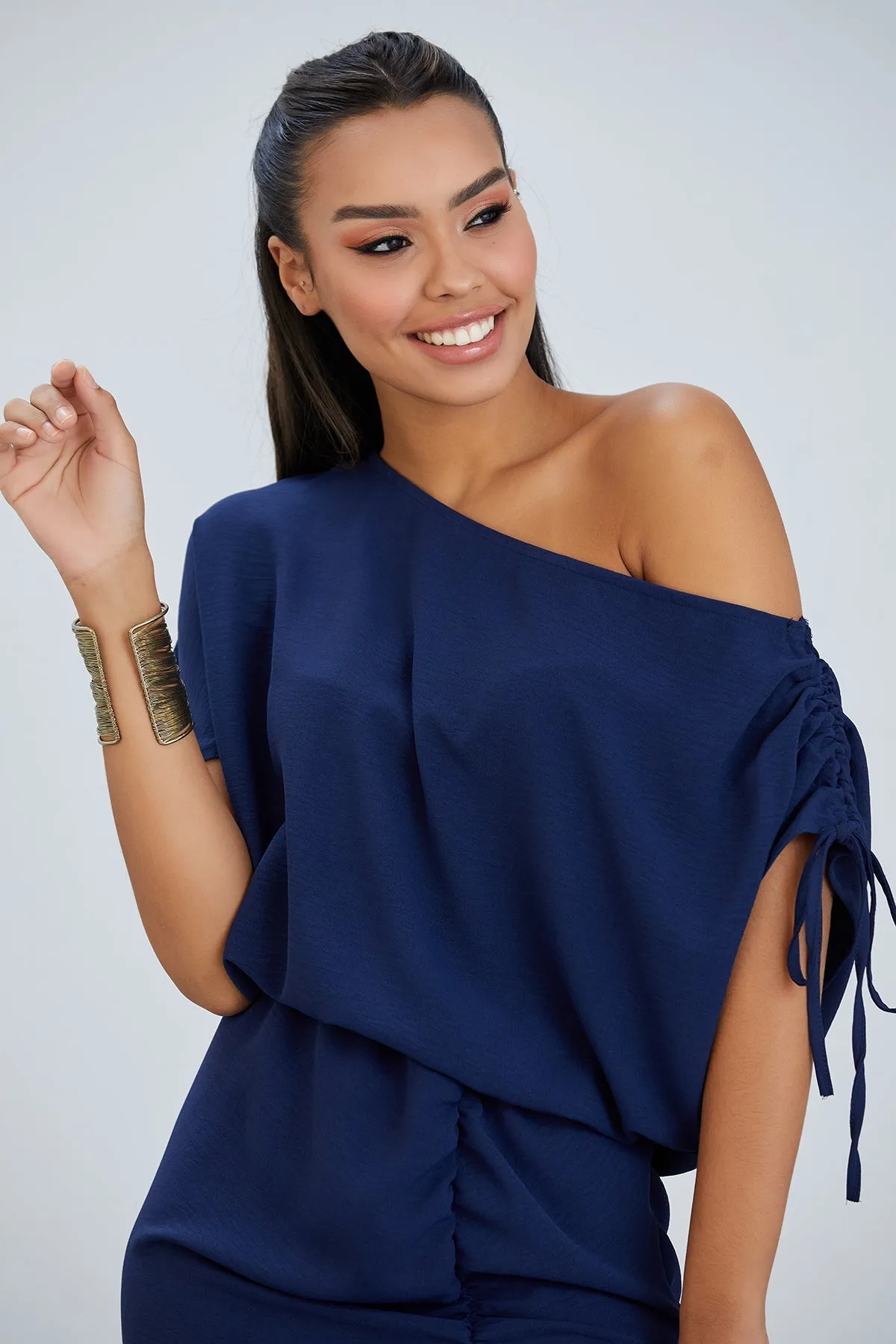 Off Shoulder Drape Midi Dress in Navy