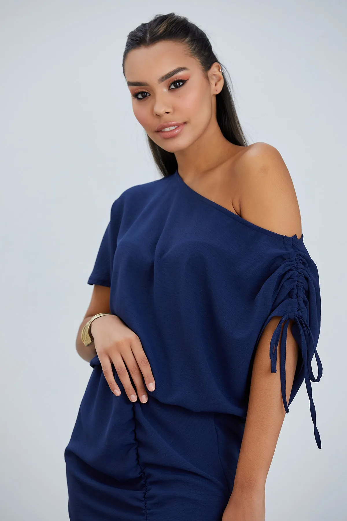 Off Shoulder Drape Midi Dress in Navy