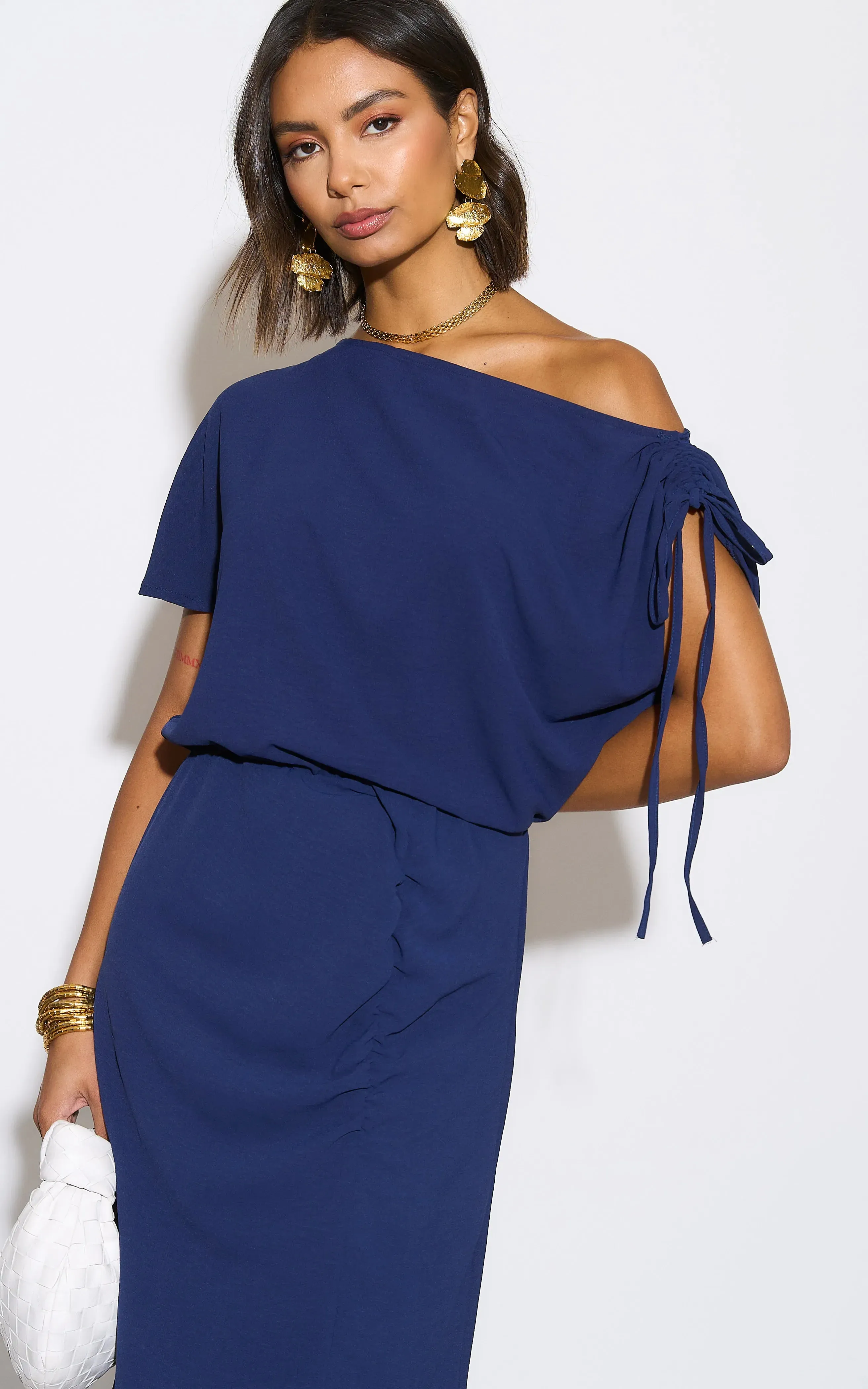 Off Shoulder Drape Midi Dress in Navy