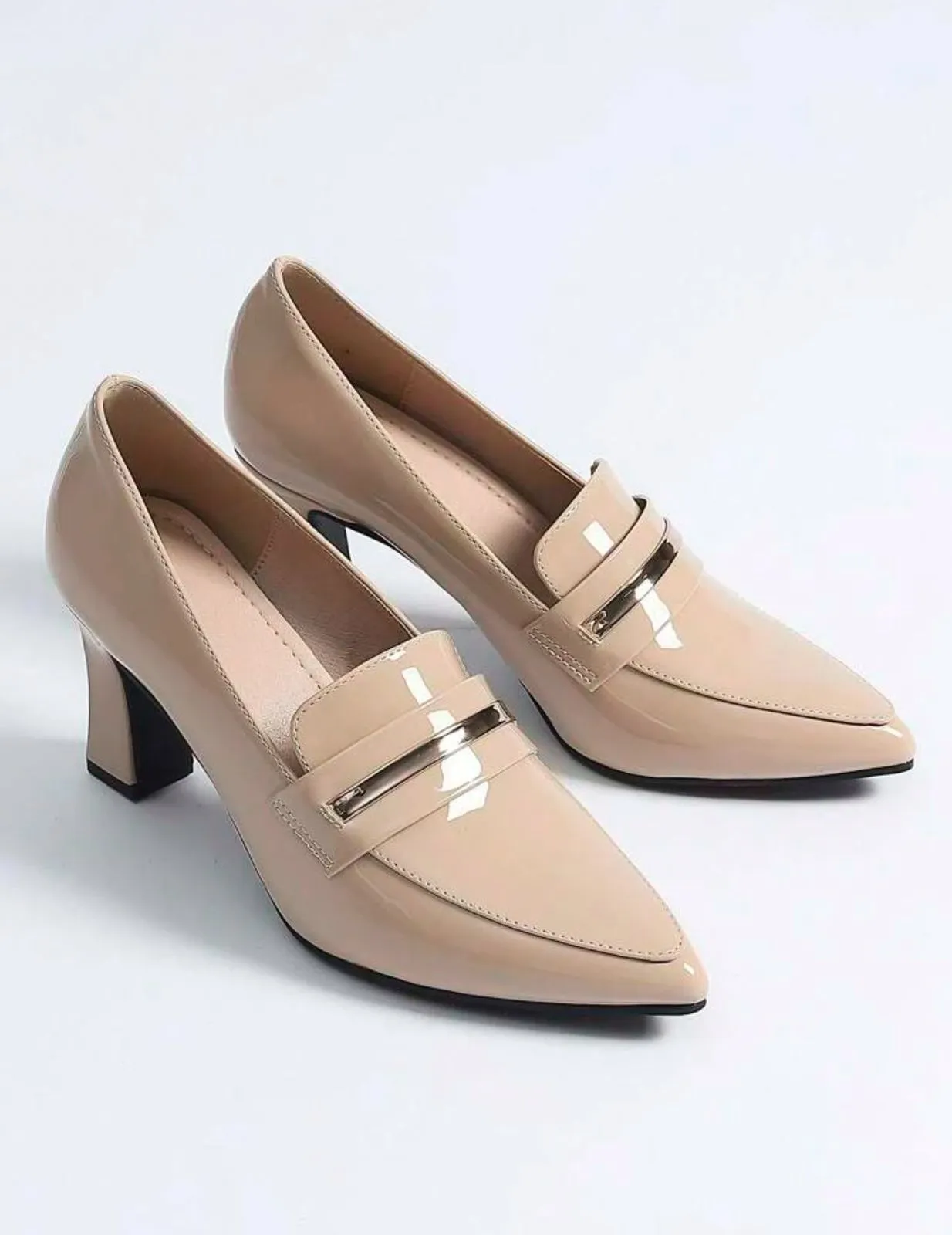 Ony خصم اخر قطعه- Women Minimalist Loafers, Artificial Patent Leather Point Toe Chunky Heeled Elegant Pumps