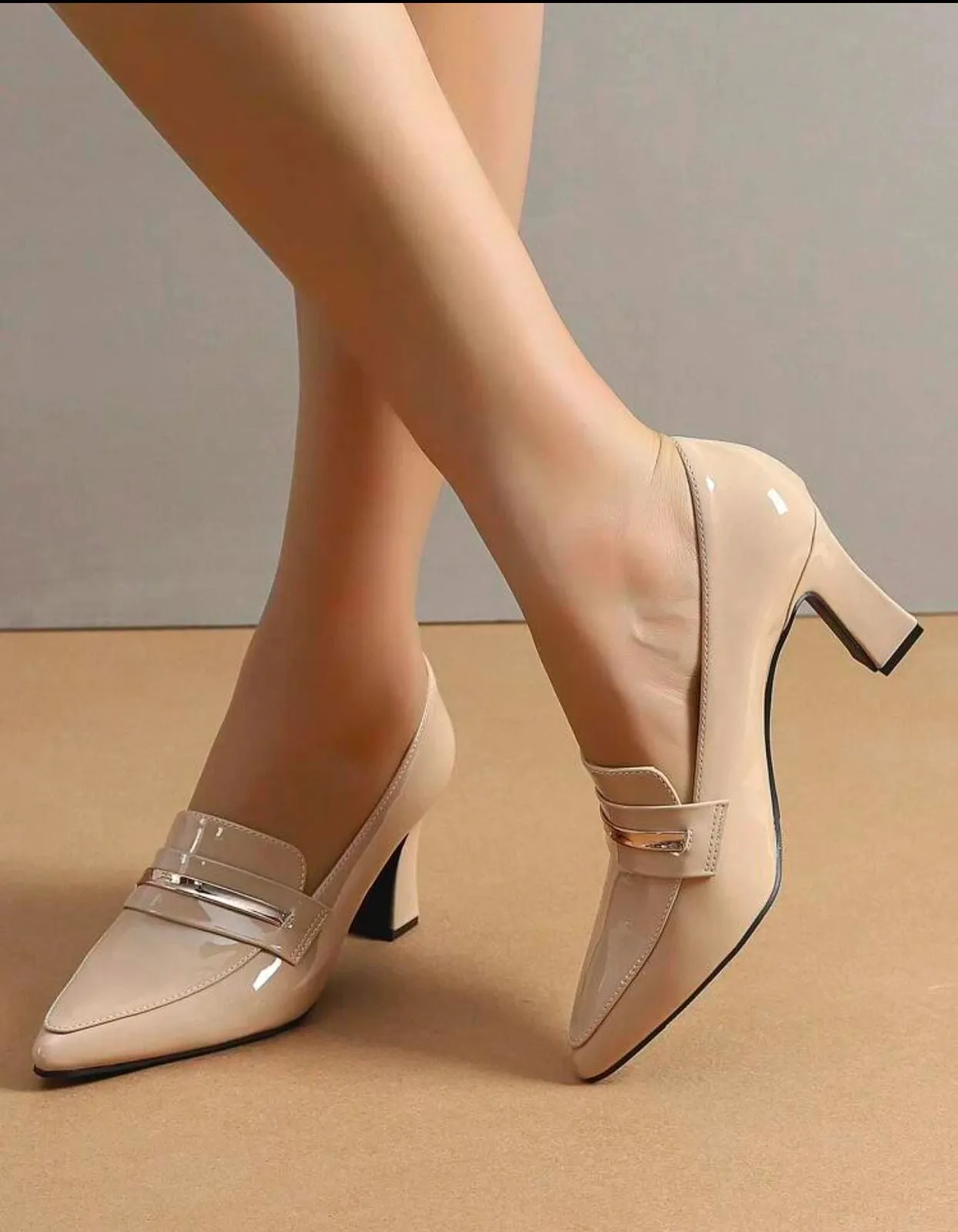 Ony خصم اخر قطعه- Women Minimalist Loafers, Artificial Patent Leather Point Toe Chunky Heeled Elegant Pumps