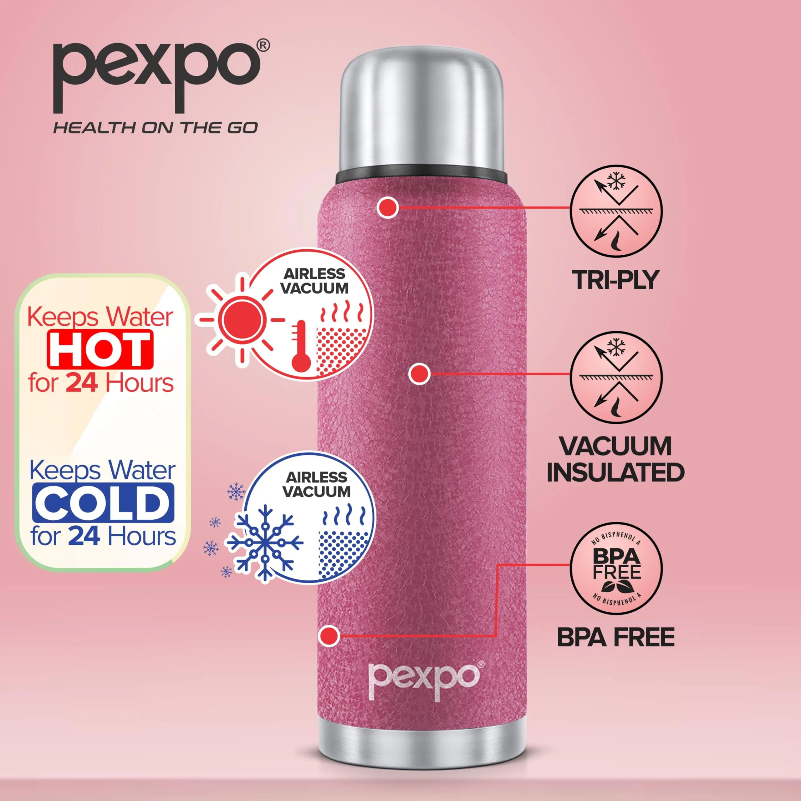 Pexpo Flamingo|ISI Certified|Vacuum Insulated Hot & Cold Stainless Steel Flask with Jute Bag- 1500ml Pink |Steel Bottle|Thermoflask|Leak Proof|Travelling|School & Trekking|Office|Men, Women & Kids