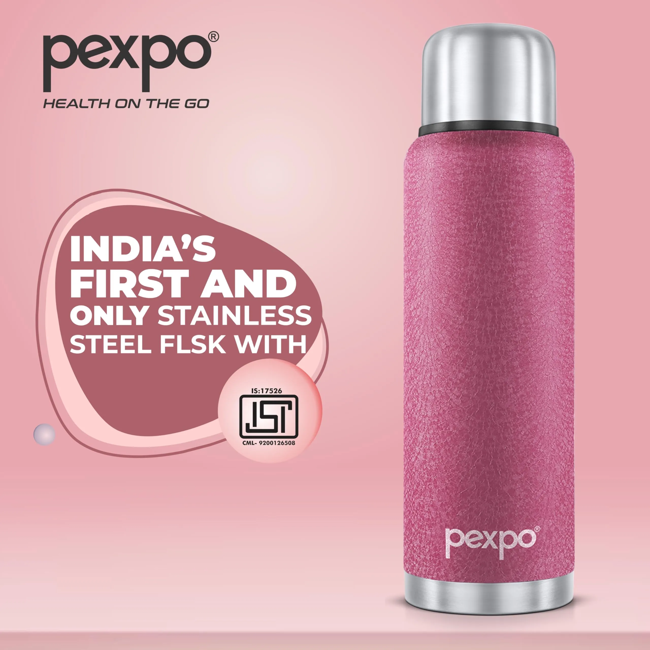 Pexpo Flamingo|ISI Certified|Vacuum Insulated Hot & Cold Stainless Steel Flask with Jute Bag- 1500ml Pink |Steel Bottle|Thermoflask|Leak Proof|Travelling|School & Trekking|Office|Men, Women & Kids