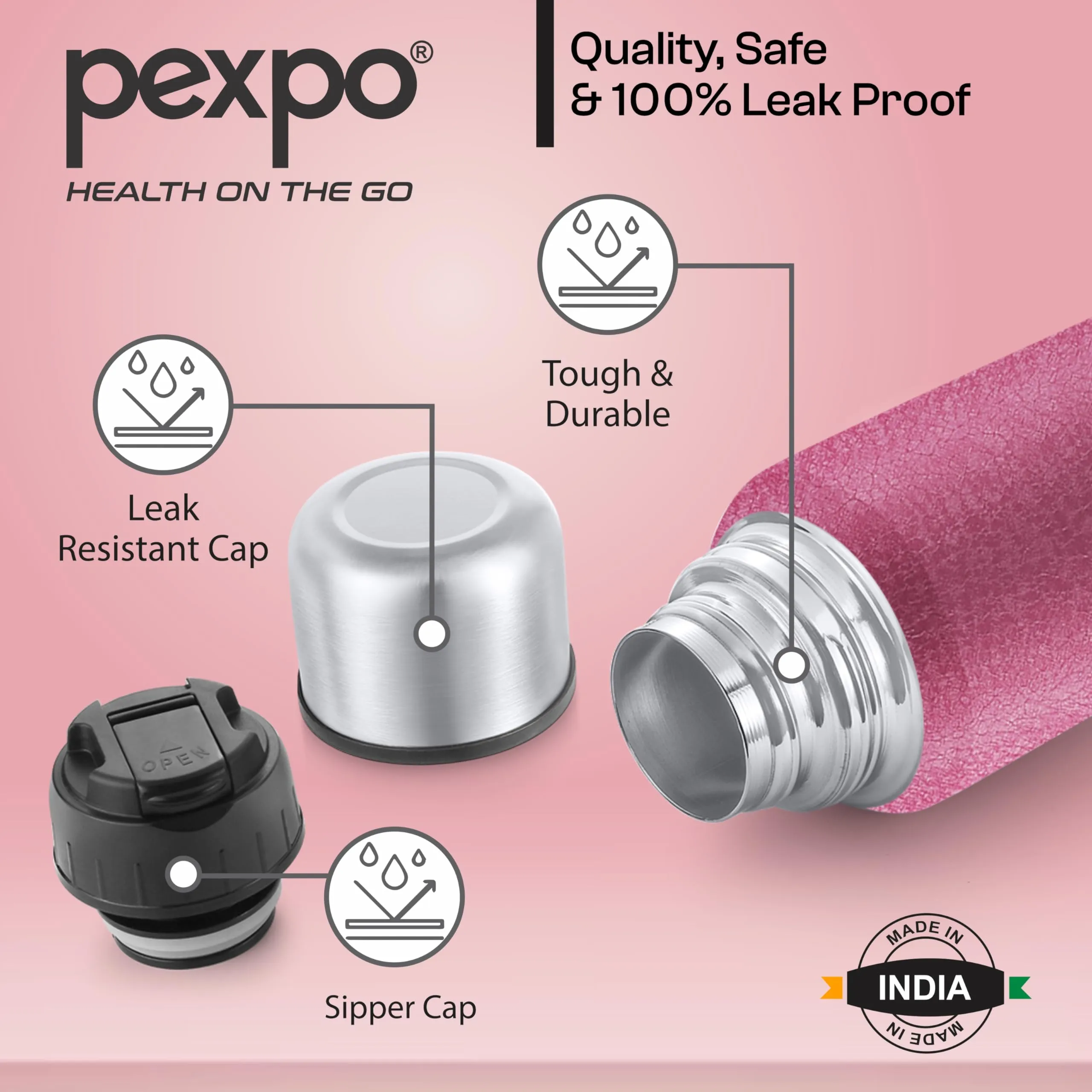 Pexpo Flamingo|ISI Certified|Vacuum Insulated Hot & Cold Stainless Steel Flask with Jute Bag- 1500ml Pink |Steel Bottle|Thermoflask|Leak Proof|Travelling|School & Trekking|Office|Men, Women & Kids