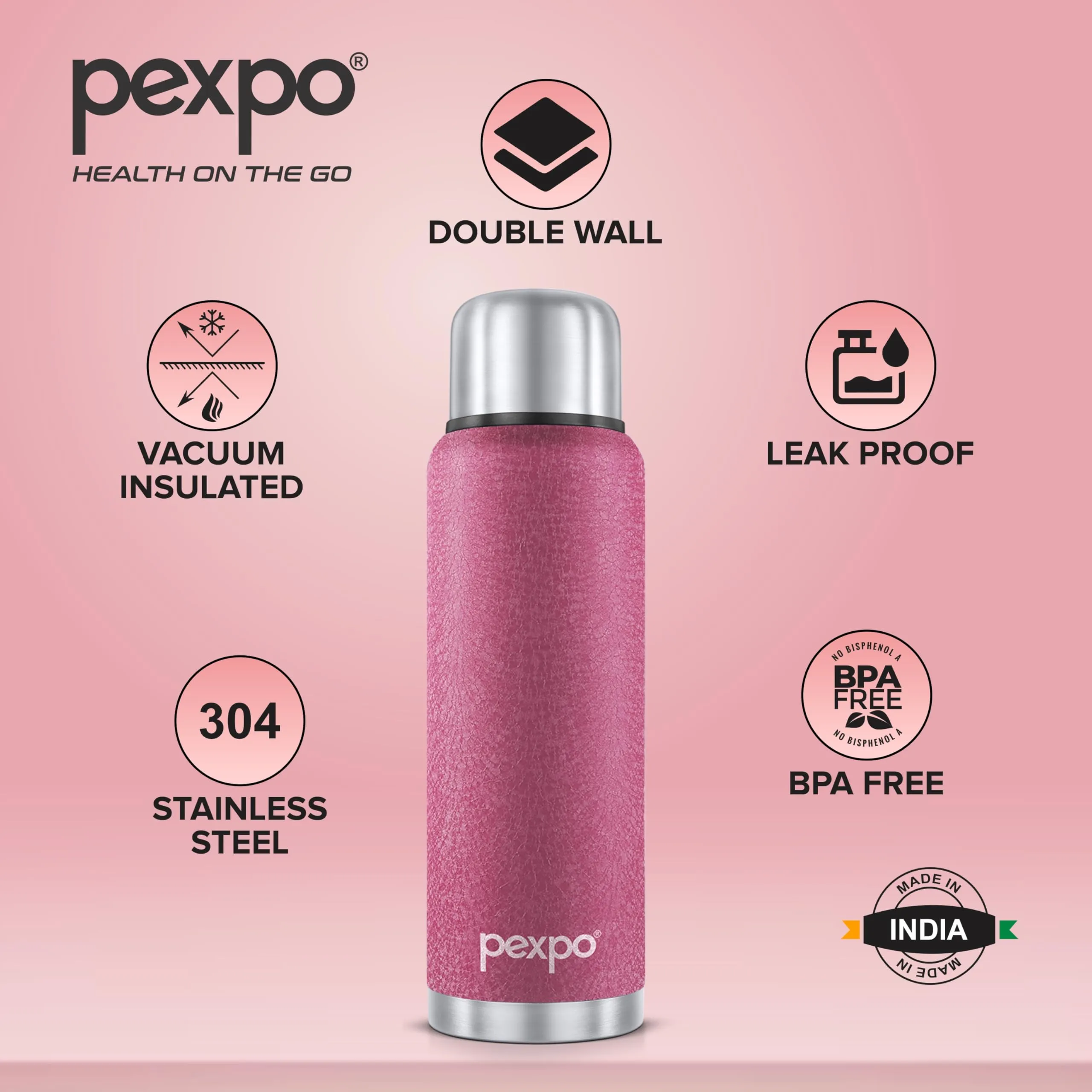 Pexpo Flamingo|ISI Certified|Vacuum Insulated Hot & Cold Stainless Steel Flask with Jute Bag- 1500ml Pink |Steel Bottle|Thermoflask|Leak Proof|Travelling|School & Trekking|Office|Men, Women & Kids