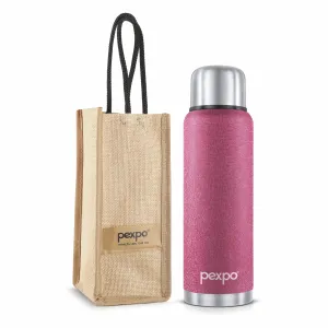 Pexpo Flamingo|ISI Certified|Vacuum Insulated Hot & Cold Stainless Steel Flask with Jute Bag- 1500ml Pink |Steel Bottle|Thermoflask|Leak Proof|Travelling|School & Trekking|Office|Men, Women & Kids