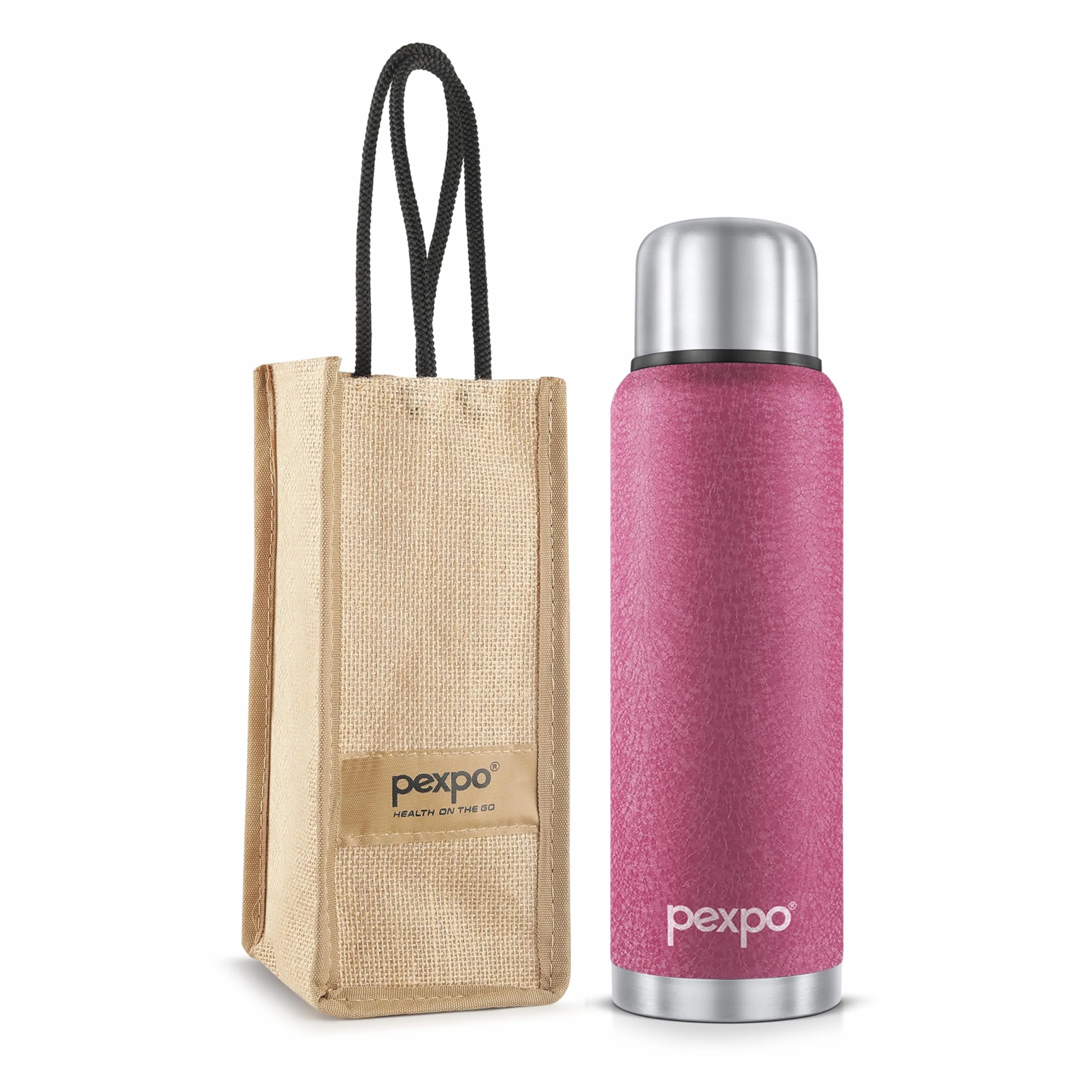 Pexpo Flamingo|ISI Certified|Vacuum Insulated Hot & Cold Stainless Steel Flask with Jute Bag- 1500ml Pink |Steel Bottle|Thermoflask|Leak Proof|Travelling|School & Trekking|Office|Men, Women & Kids