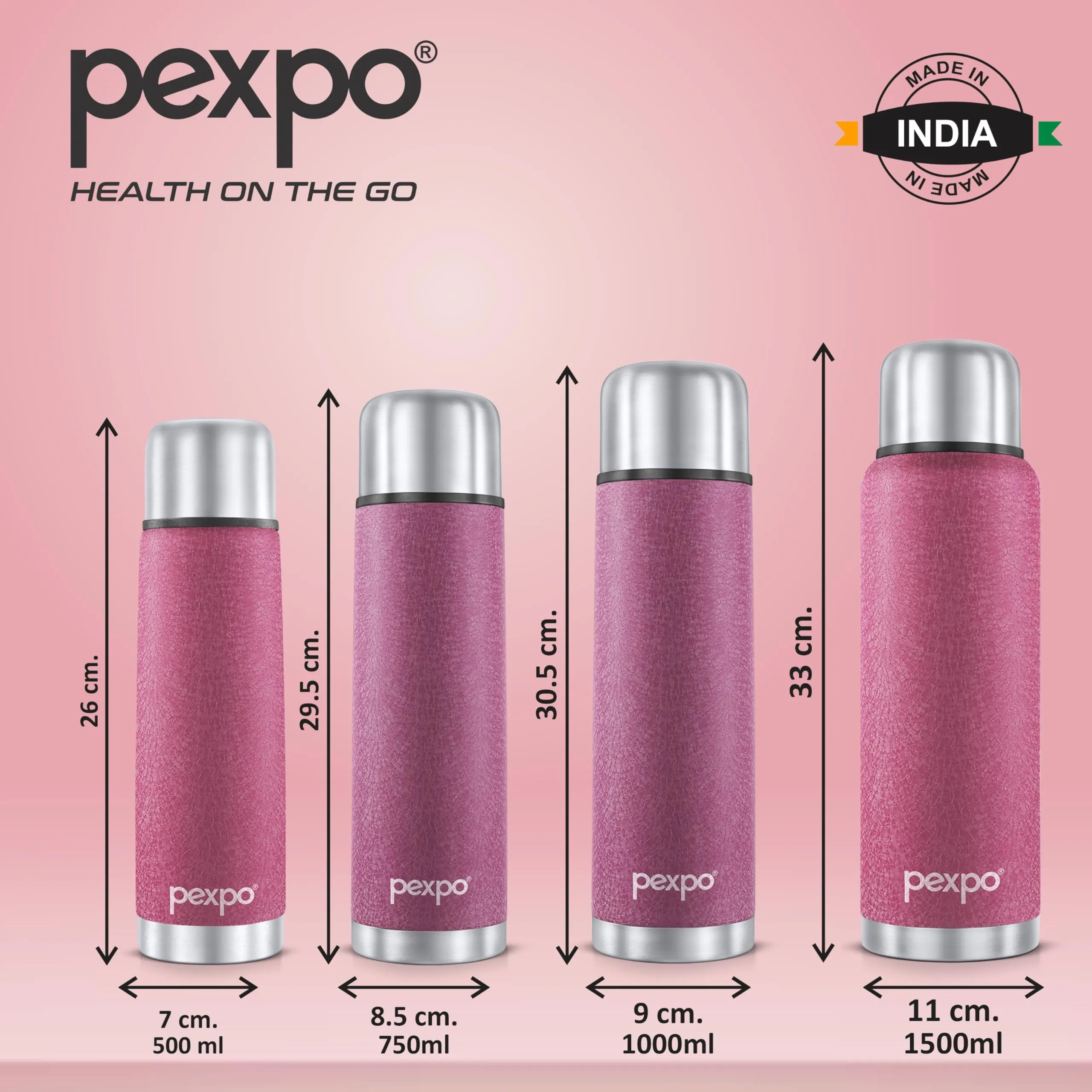 Pexpo Flamingo|ISI Certified|Vacuum Insulated Hot & Cold Stainless Steel Flask with Jute Bag- 1500ml Pink |Steel Bottle|Thermoflask|Leak Proof|Travelling|School & Trekking|Office|Men, Women & Kids