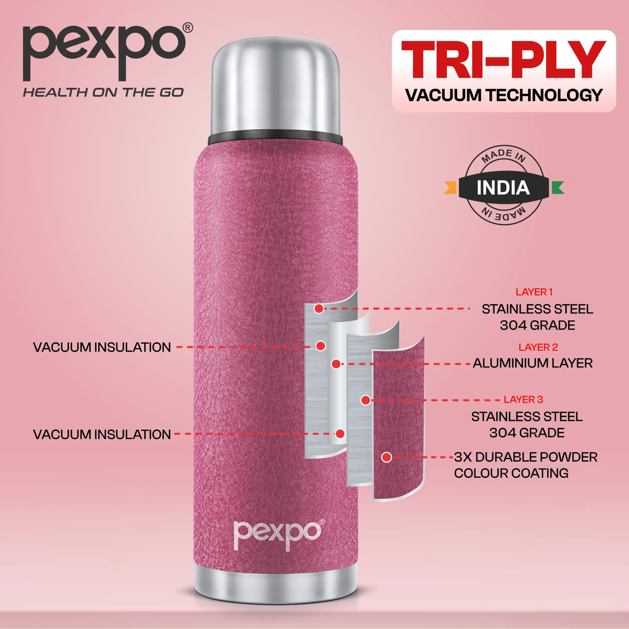 Pexpo Flamingo|ISI Certified|Vacuum Insulated Hot & Cold Stainless Steel Flask with Jute Bag- 1500ml Pink |Steel Bottle|Thermoflask|Leak Proof|Travelling|School & Trekking|Office|Men, Women & Kids