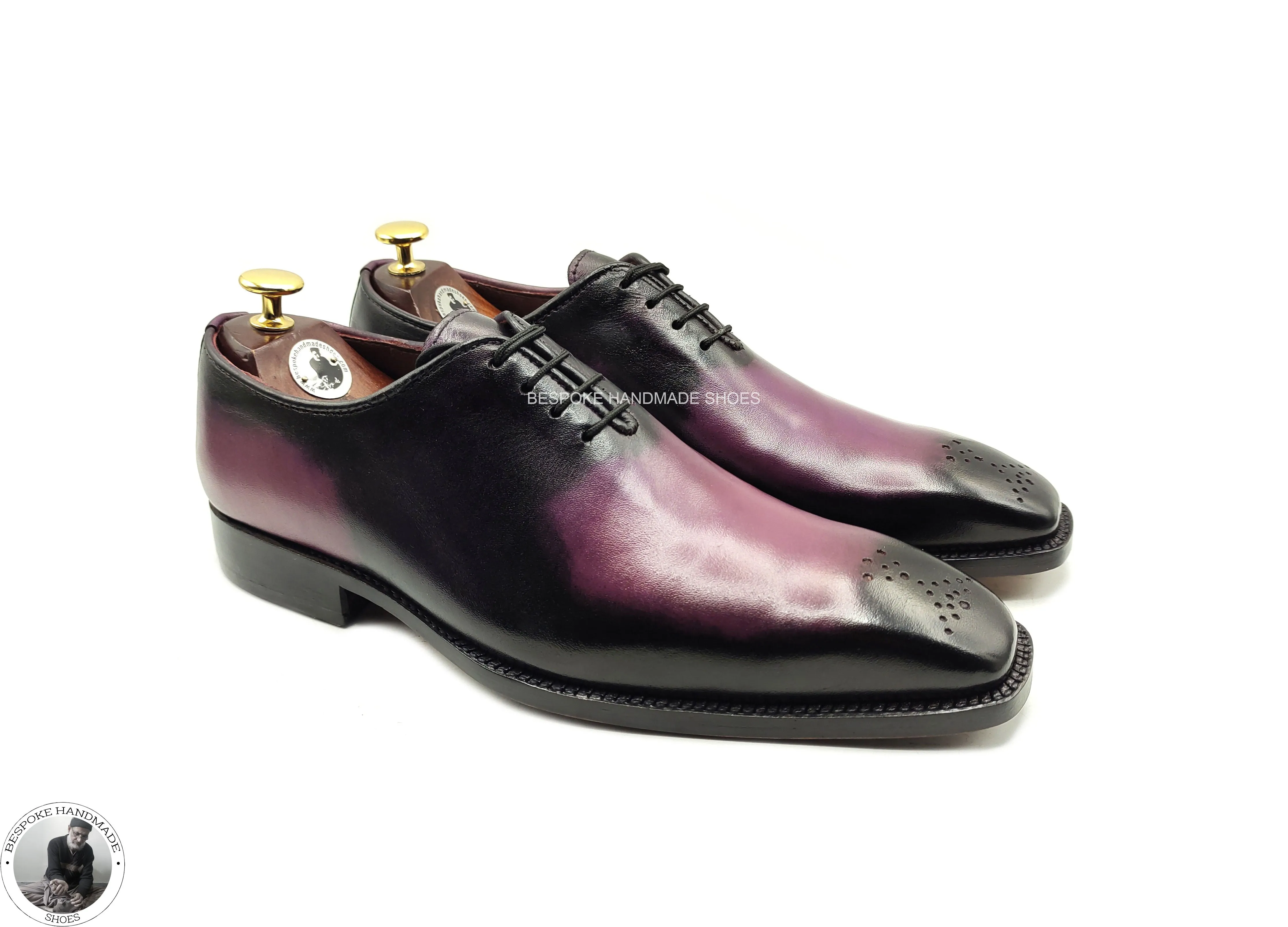 Premium Quality Two Tone, Purple Leather Black Shaded Brogue Whole Oxford Lace up Formal Shoes
