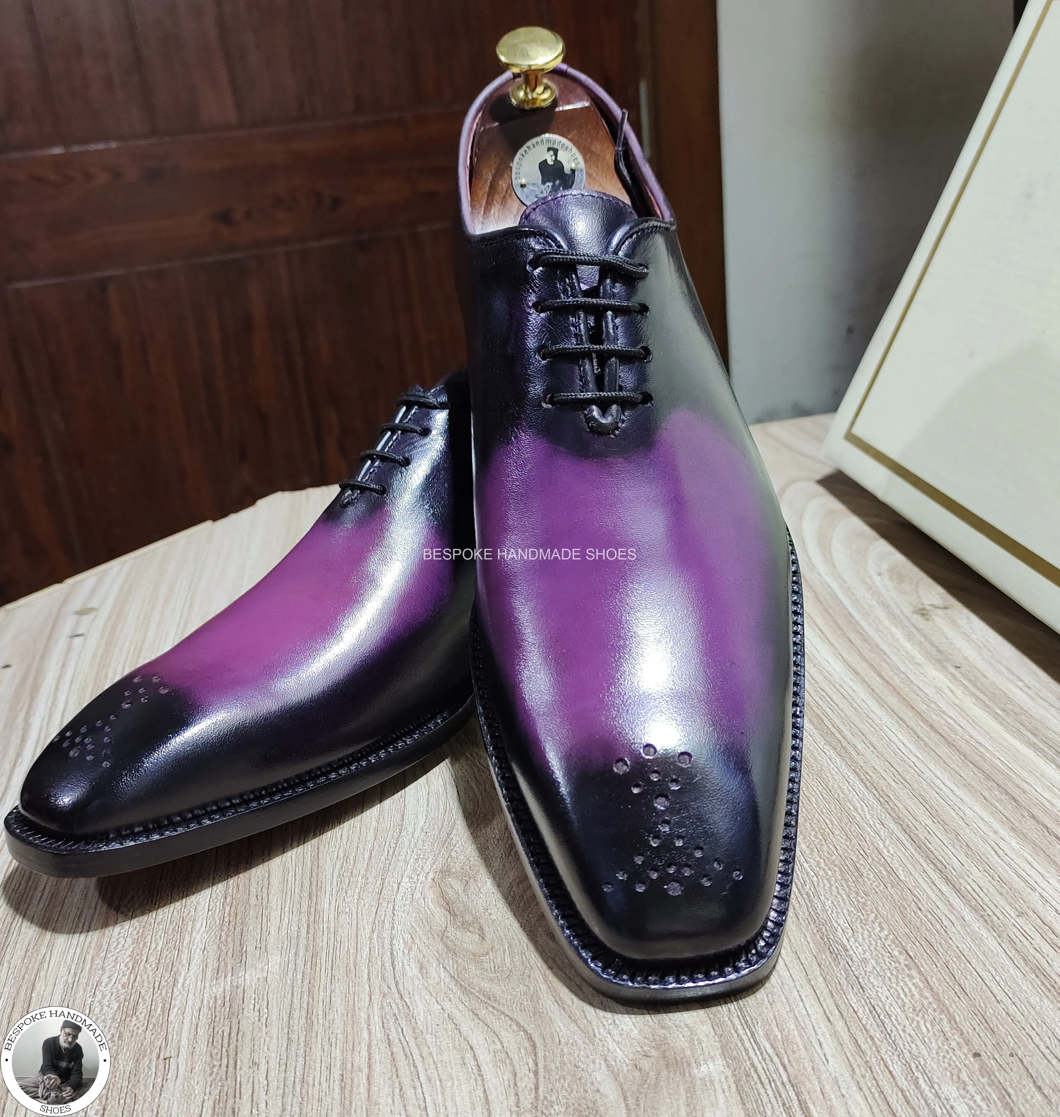 Premium Quality Two Tone, Purple Leather Black Shaded Brogue Whole Oxford Lace up Formal Shoes