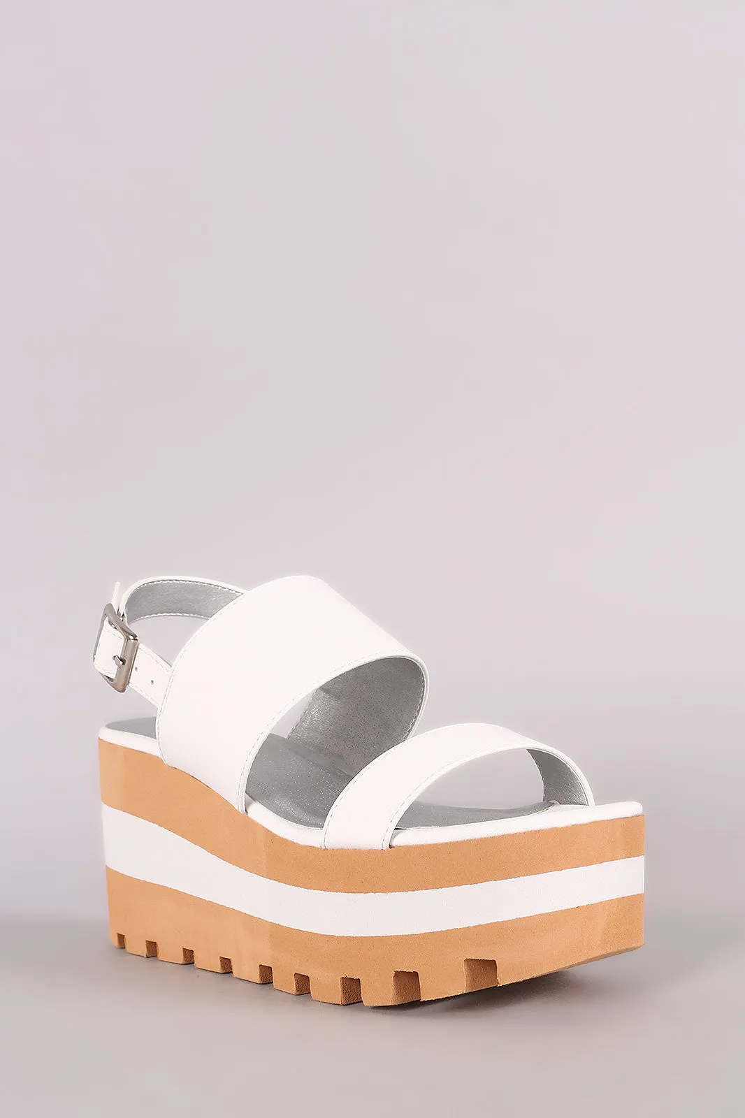 Qupid Double Band Lug Sole Slingback Striped Flatform Wedge