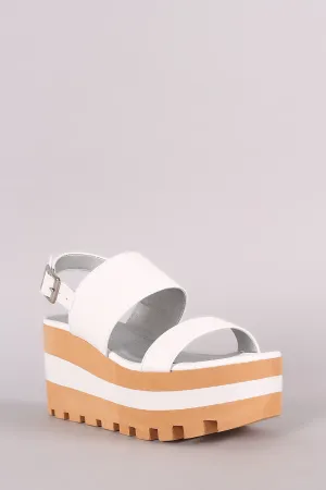 Qupid Double Band Lug Sole Slingback Striped Flatform Wedge