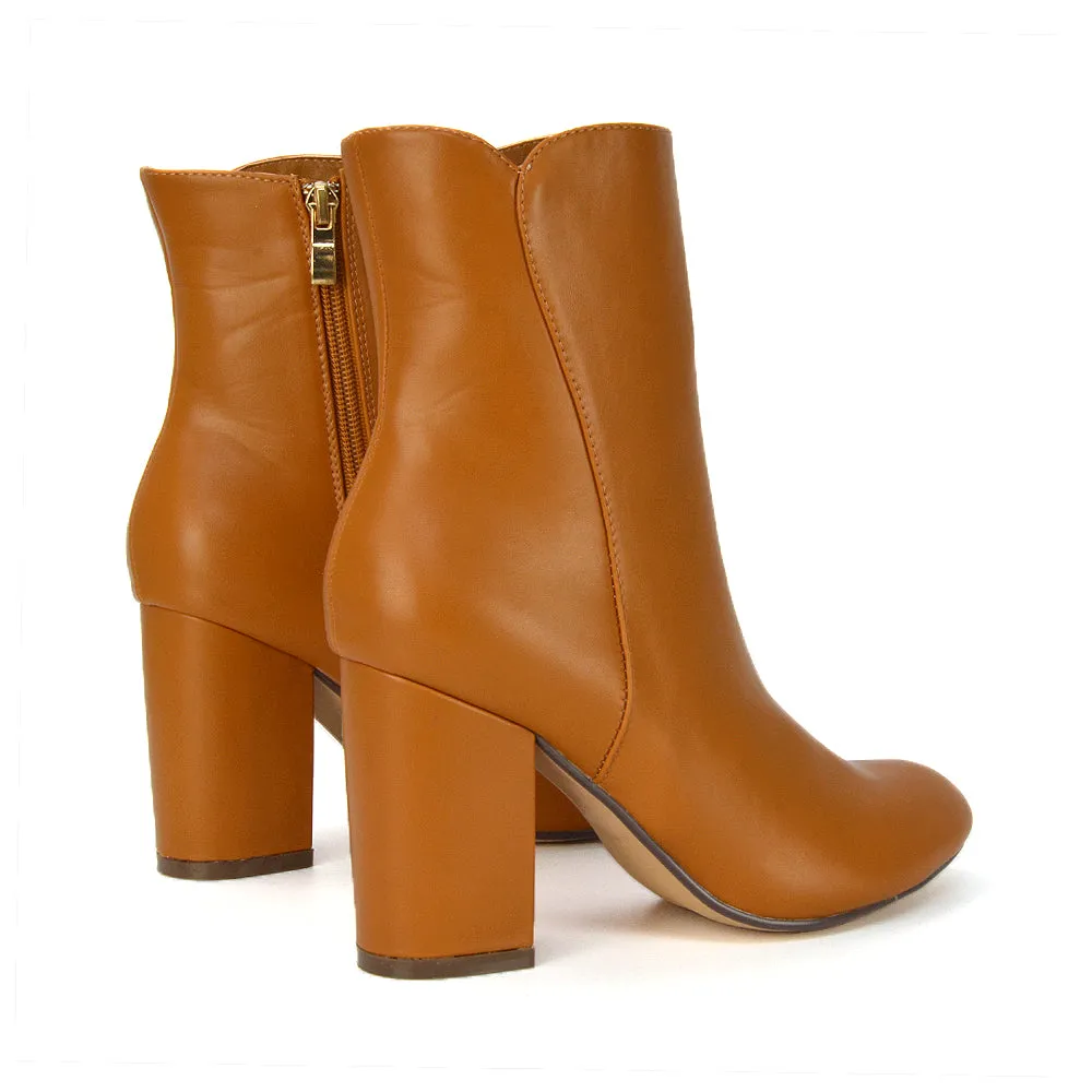 Rayla Pointed Toe Zip-Up Mid Block High Heel Ankle Boots in Black Synthetic Leather