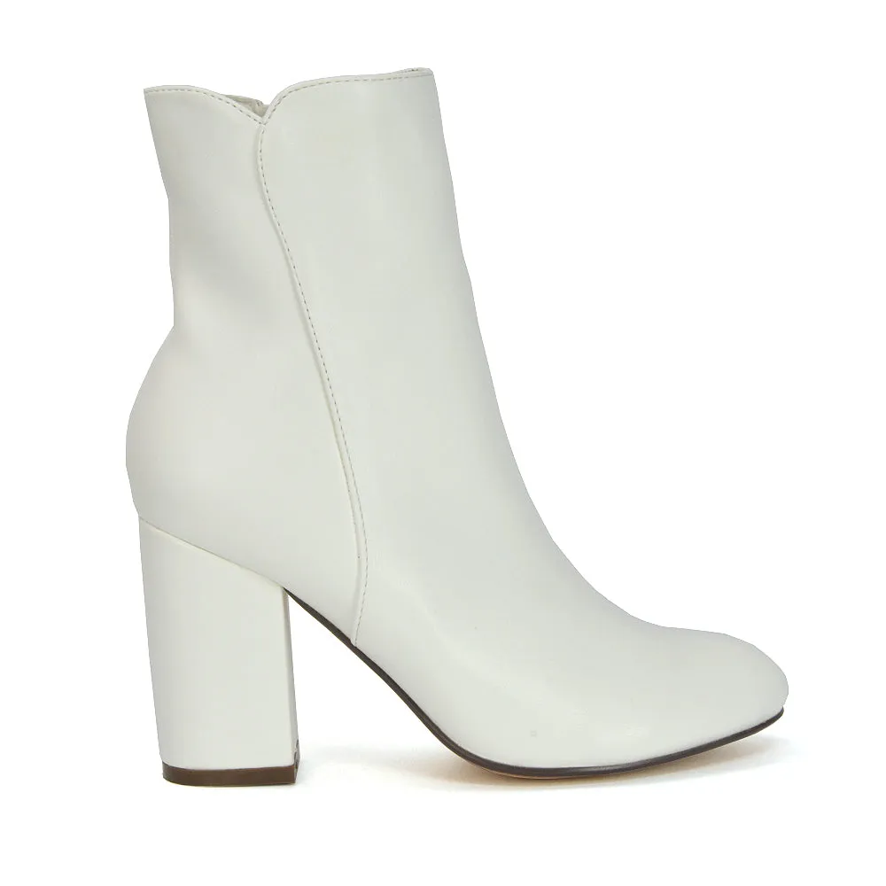 Rayla Pointed Toe Zip-Up Mid Block High Heel Ankle Boots in Black Synthetic Leather