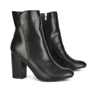 Rayla Pointed Toe Zip-Up Mid Block High Heel Ankle Boots in Black Synthetic Leather
