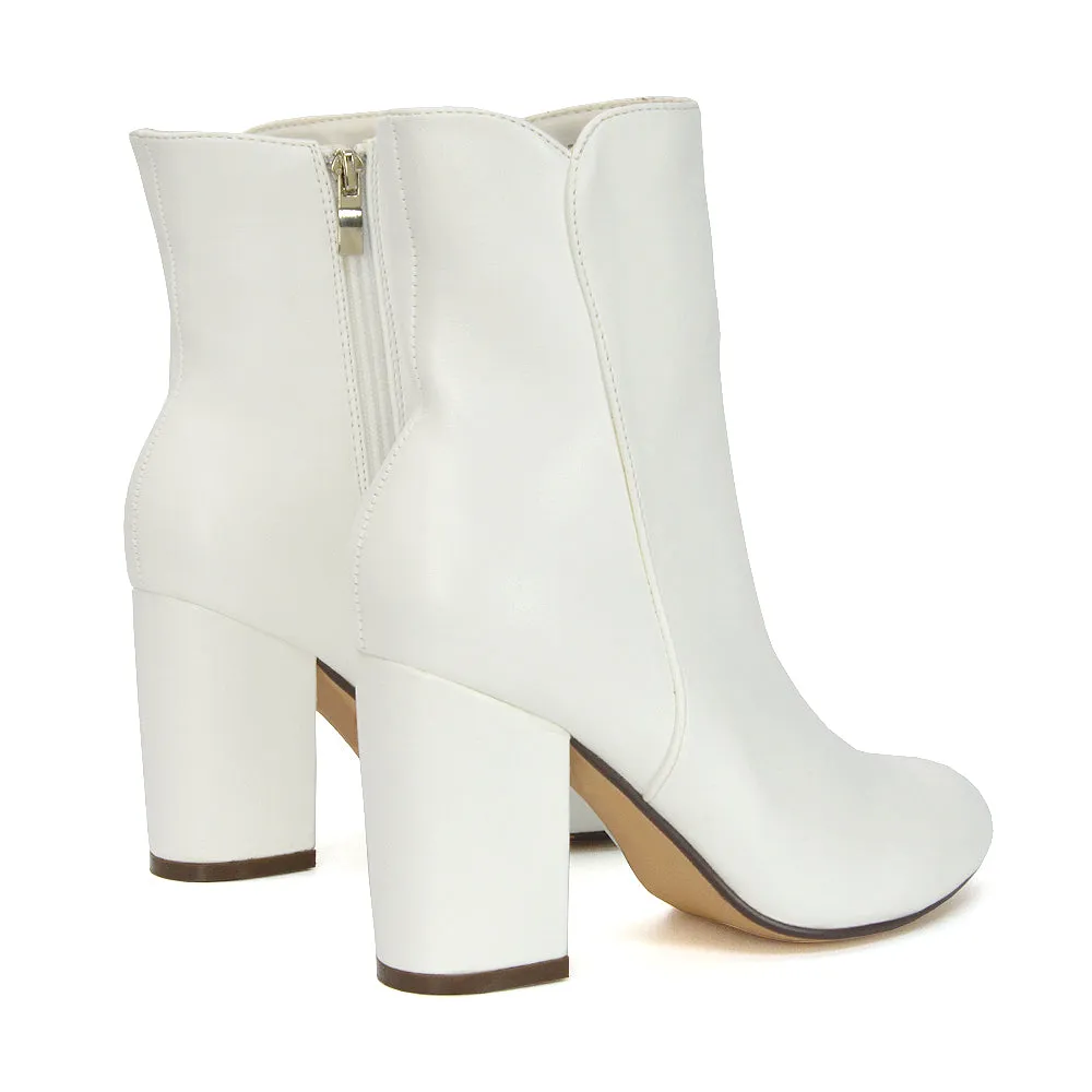 Rayla Pointed Toe Zip-Up Mid Block High Heel Ankle Boots in Black Synthetic Leather