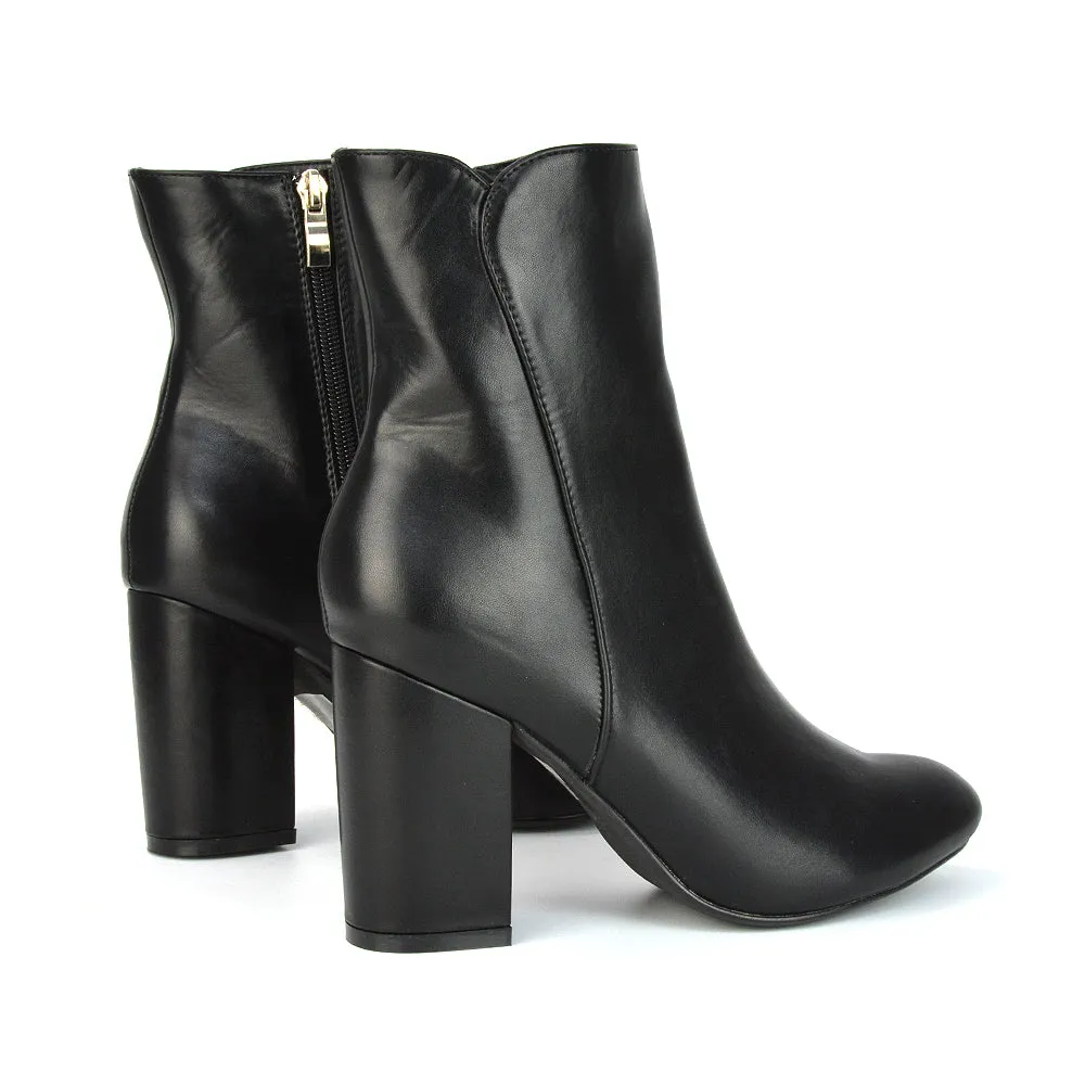 Rayla Pointed Toe Zip-Up Mid Block High Heel Ankle Boots in Black Synthetic Leather