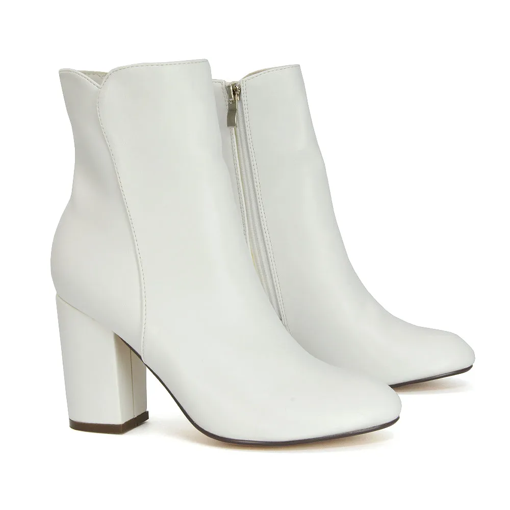 Rayla Pointed Toe Zip-Up Mid Block High Heel Ankle Boots in Black Synthetic Leather