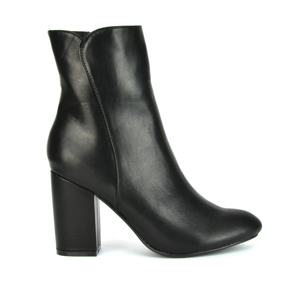 Rayla Pointed Toe Zip-Up Mid Block High Heel Ankle Boots in Black Synthetic Leather
