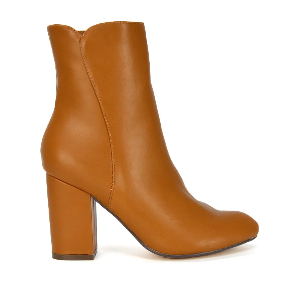 Rayla Pointed Toe Zip-Up Mid Block High Heel Ankle Boots in Black Synthetic Leather