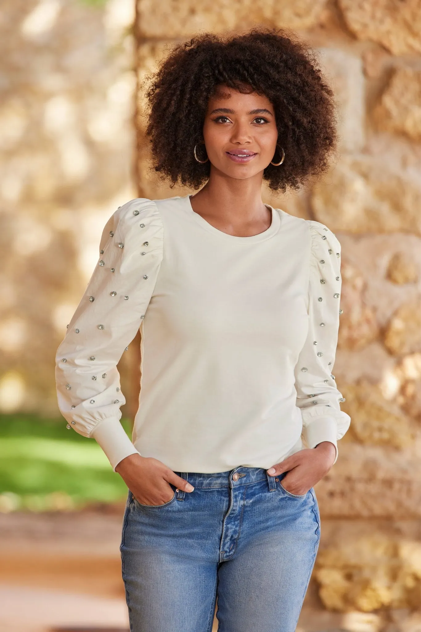 Rhinestone Mixed Media Puff Sleeve Sweatshirt Off White