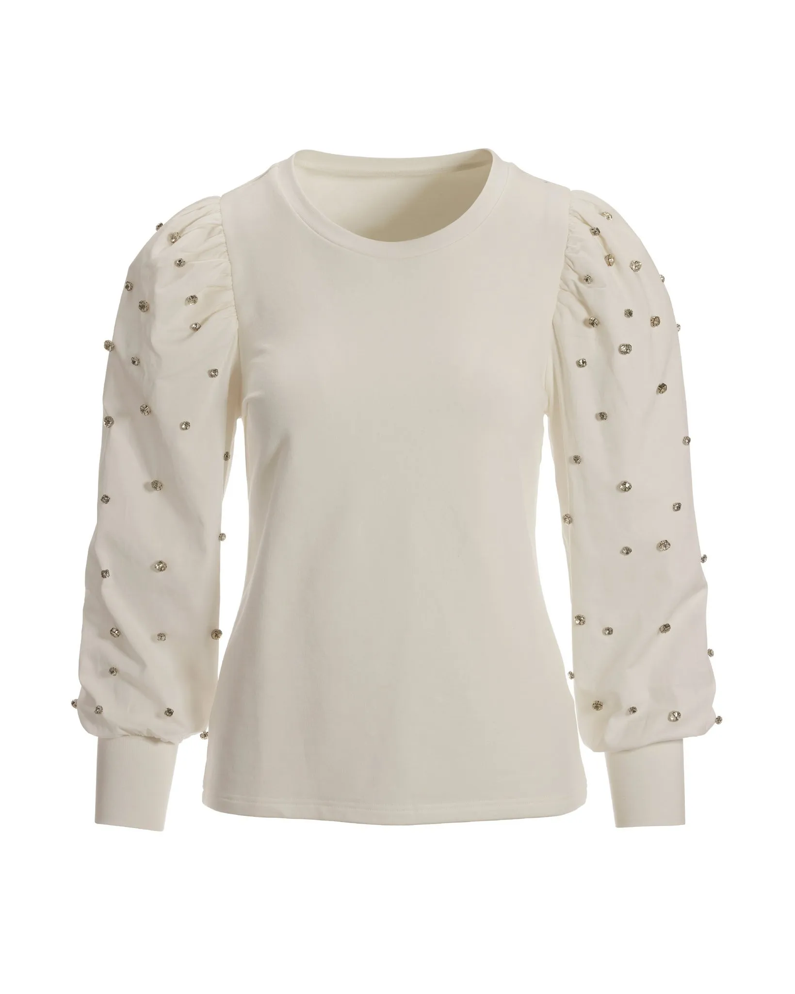 Rhinestone Mixed Media Puff Sleeve Sweatshirt Off White