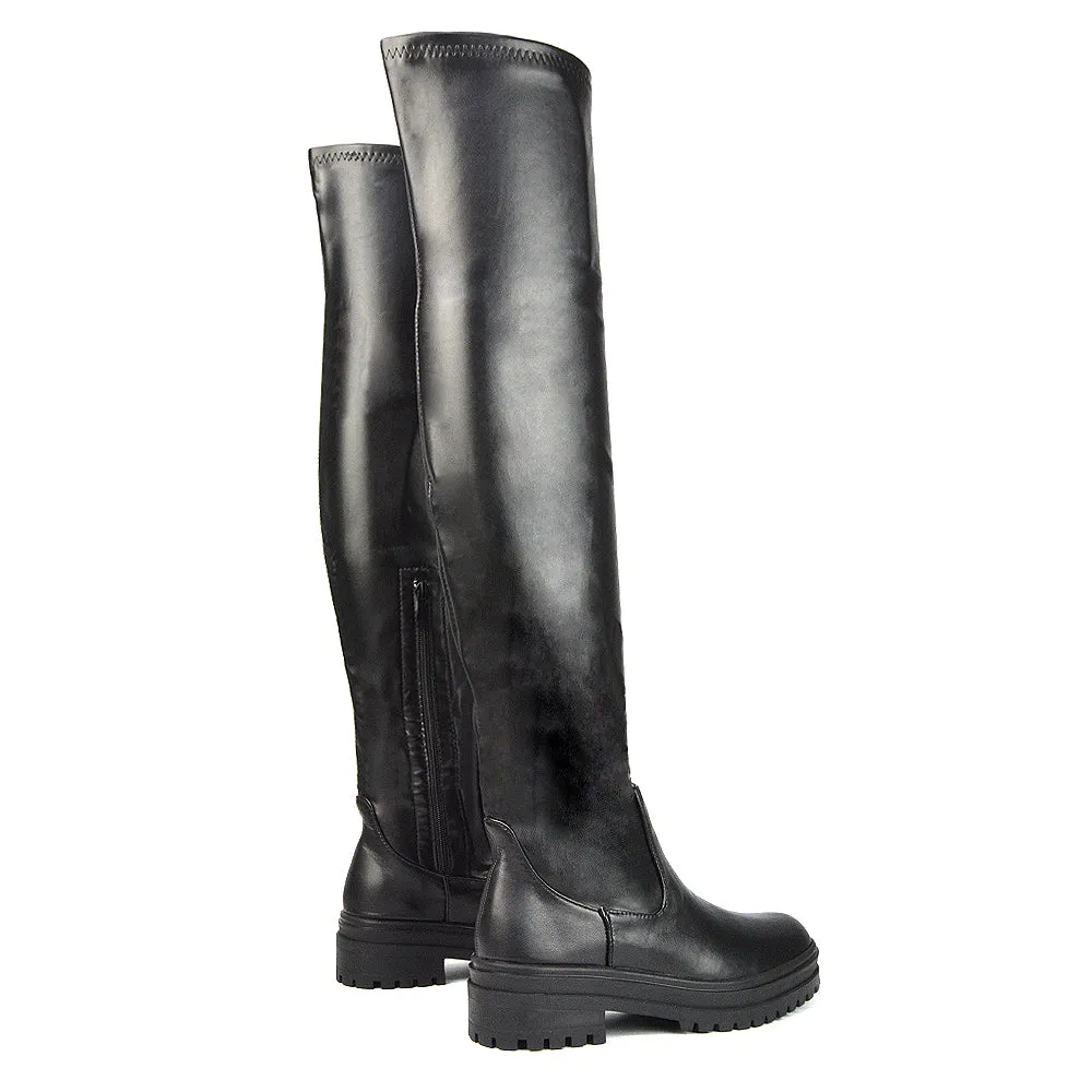 Rosalia Flat Chunky Sole Over the Knee Thigh High Long Boots in Black Synthetic Leather
