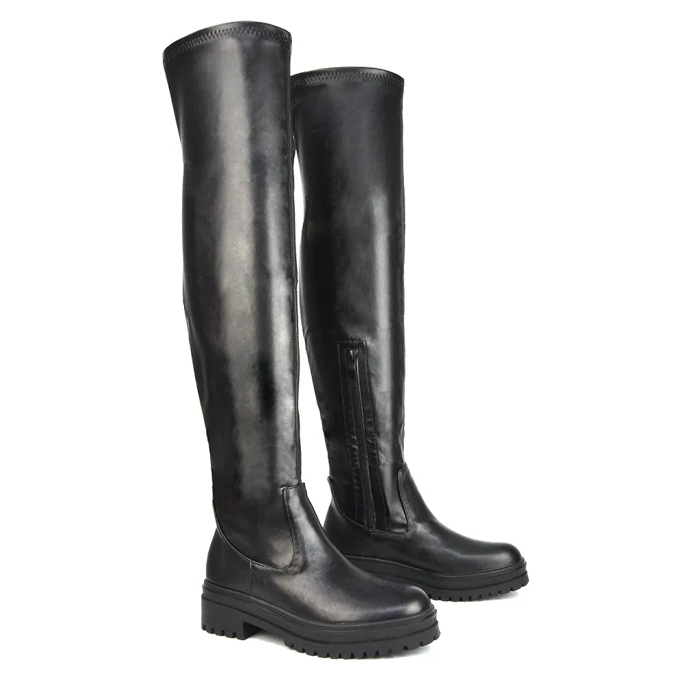 Rosalia Flat Chunky Sole Over the Knee Thigh High Long Boots in Black Synthetic Leather