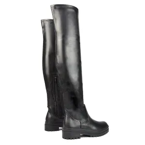 Rosalia Flat Chunky Sole Over the Knee Thigh High Long Boots in Black Synthetic Leather